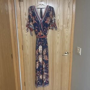 Flying Tomato Bohemian Maxi Dress 1X Multicolor Short Slit Sleeve Tie Back EUC